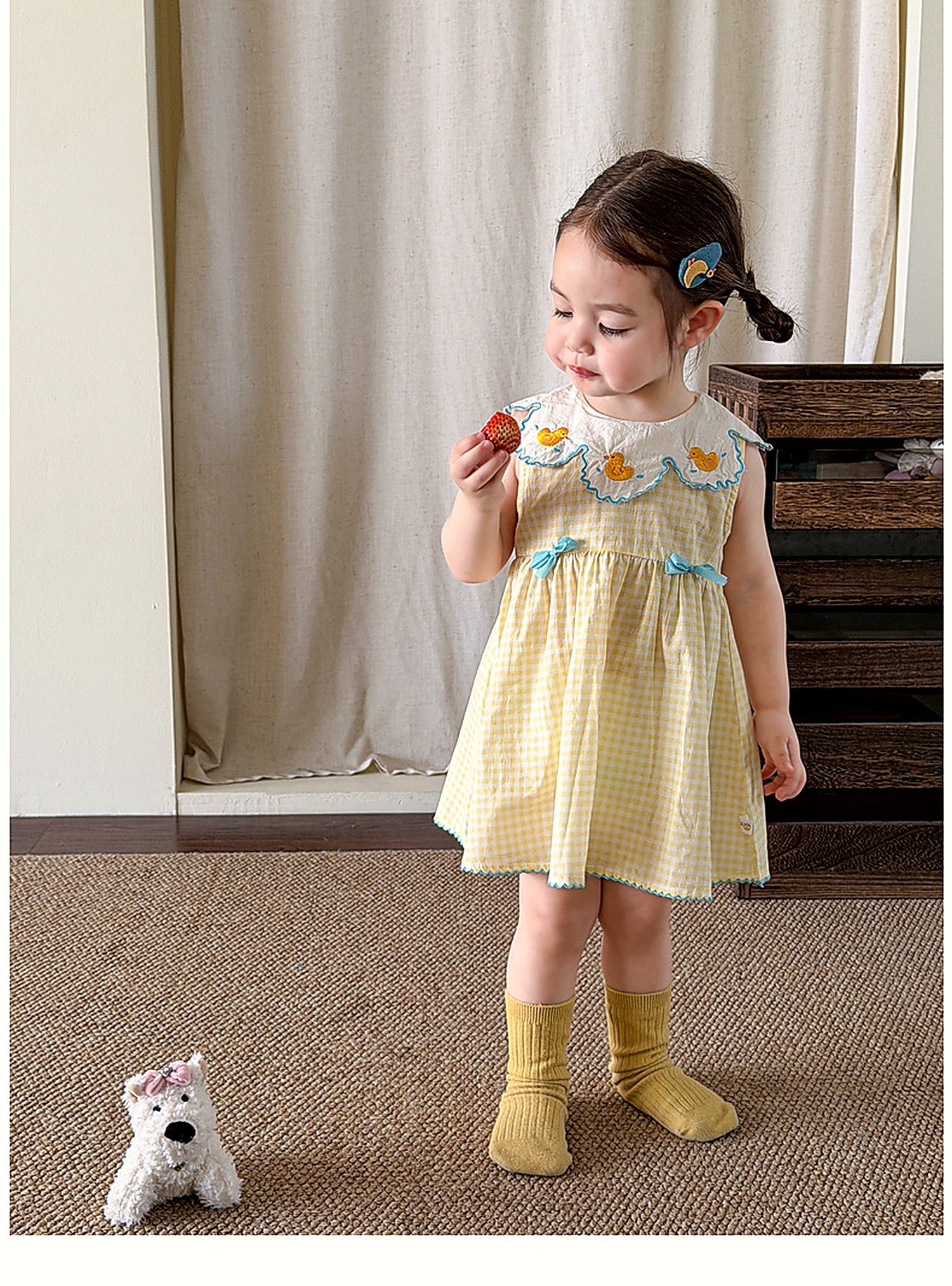 Close detail of the gingham bodice of the Buttercup Pinafore.
