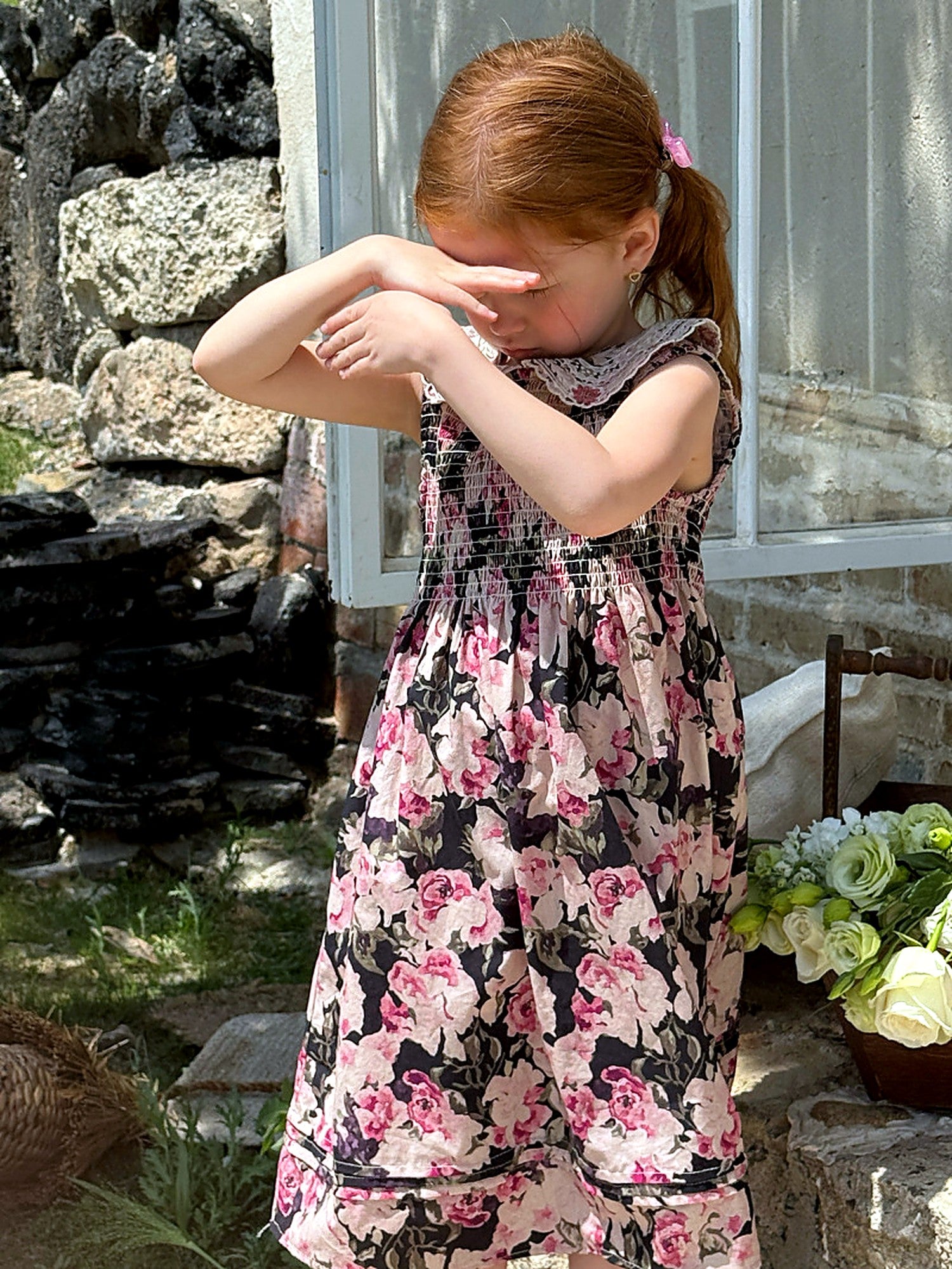 Close detail of the lace collar of the Hollyhock Dress.