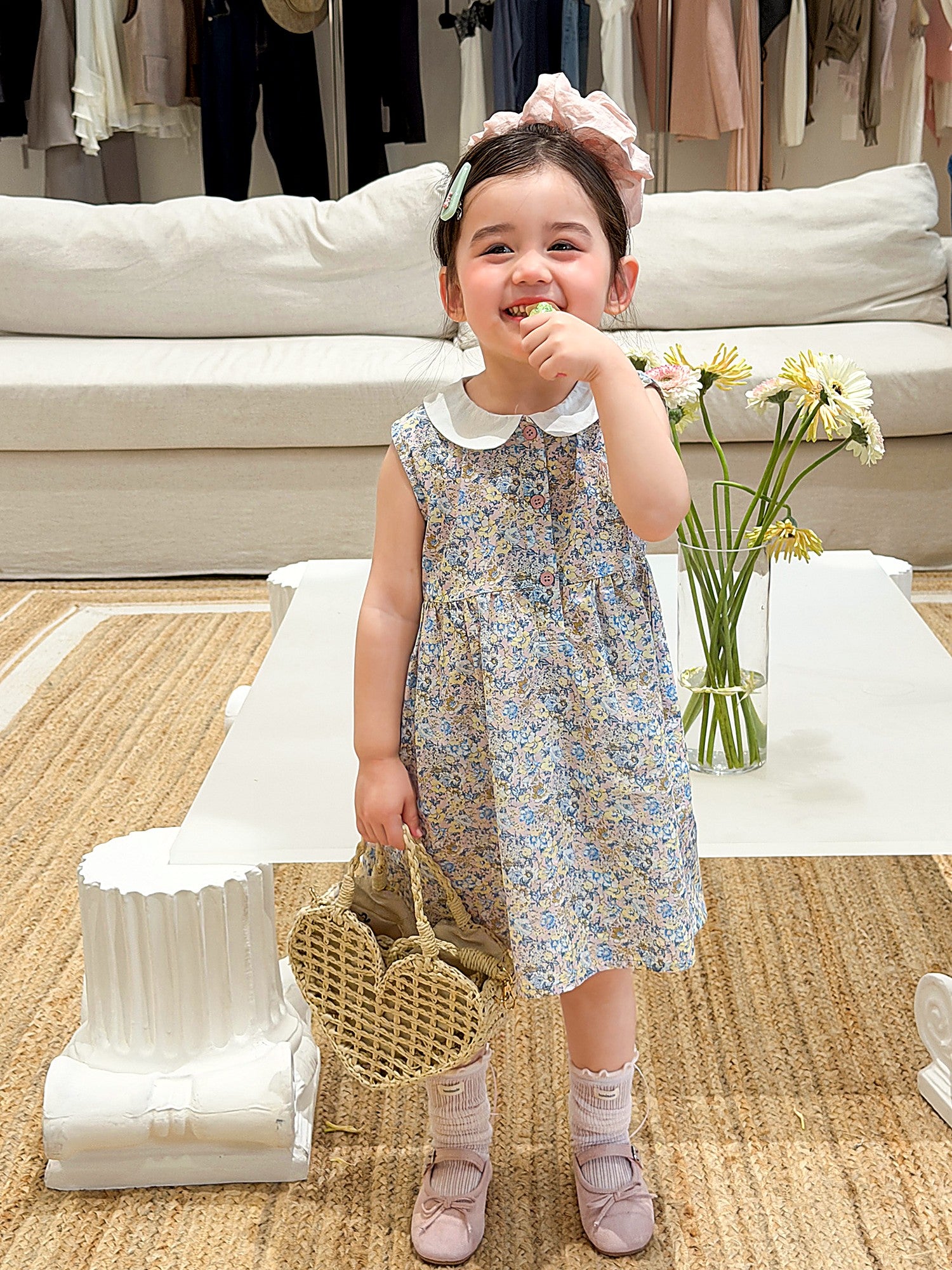 Front of the Speedwell Dress — doll collar and short sleeves in sea-mist green ditsy floral.